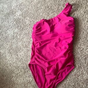 Pink scallop one shoulder bathing suit